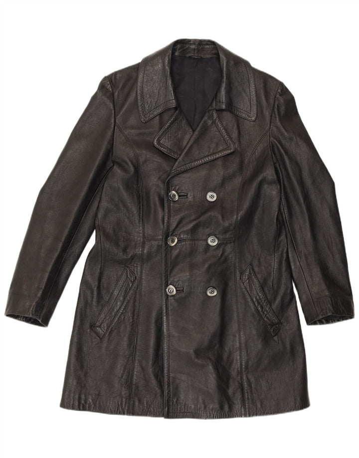 Cappotto in pelle doppio petto da donna VINTAGE UK 14 medio nero