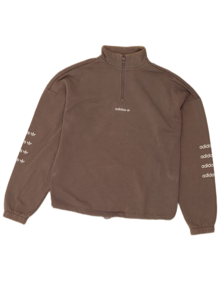 Felpa Adidas da donna con collo con zip grafica oversize, maglione EU 36 piccolo grigio
