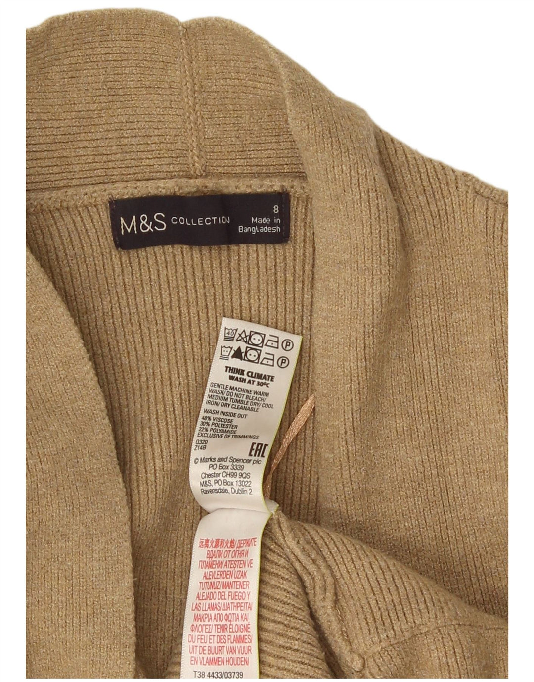 Maglione cardigan aperto da donna Marks & Spencer UK 8 piccolo viscosa beige
