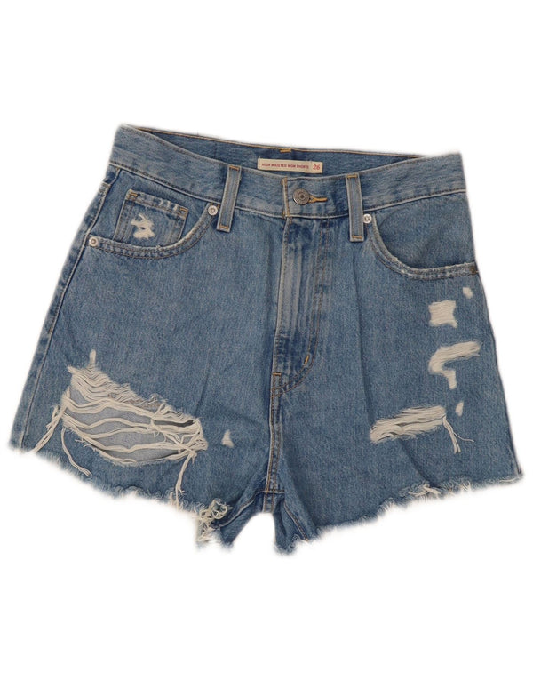 Pantaloncini di jeans a vita alta invecchiati mamma da donna Levi's W26 piccoli in cotone blu