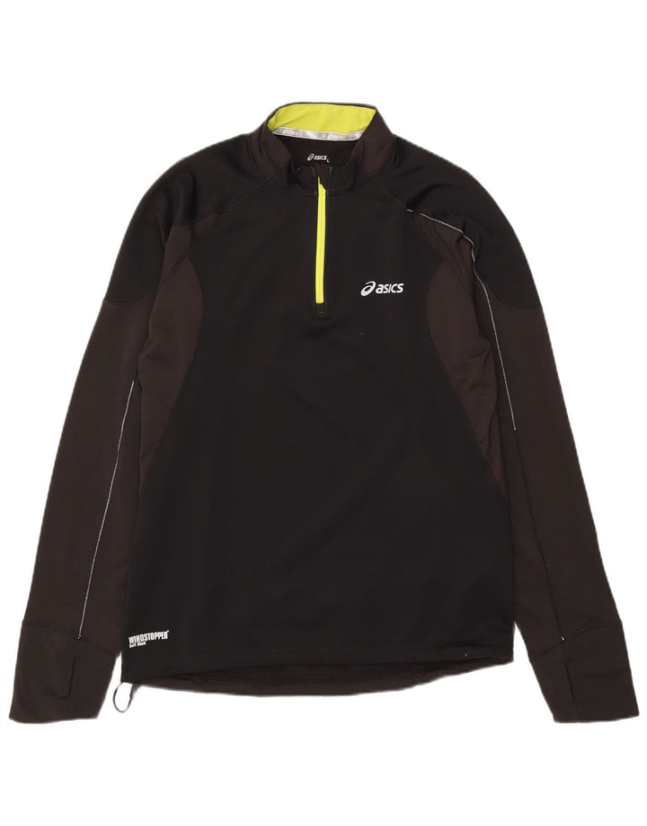 Asics Uomo Zip Neck Pullover Tuta Top Large Nero Colourblock