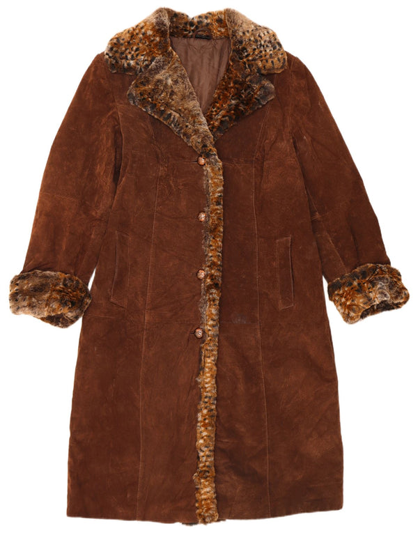 Soprabito vintage da donna in pelle scamosciata UK 14 grande pelle marrone con stampa animalier