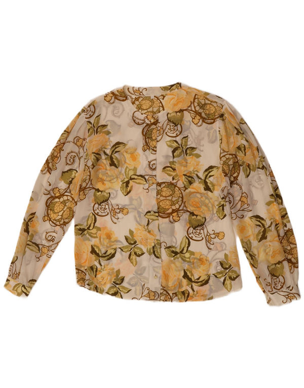 Camicetta da donna vintage trasparente con camicia trasparente UK 14 grande floreale bianco sporco