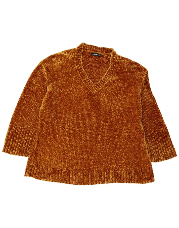 ZARA Maglione da Donna Oversize con Scollo a V UK 14 Elastomero Marrone Medio