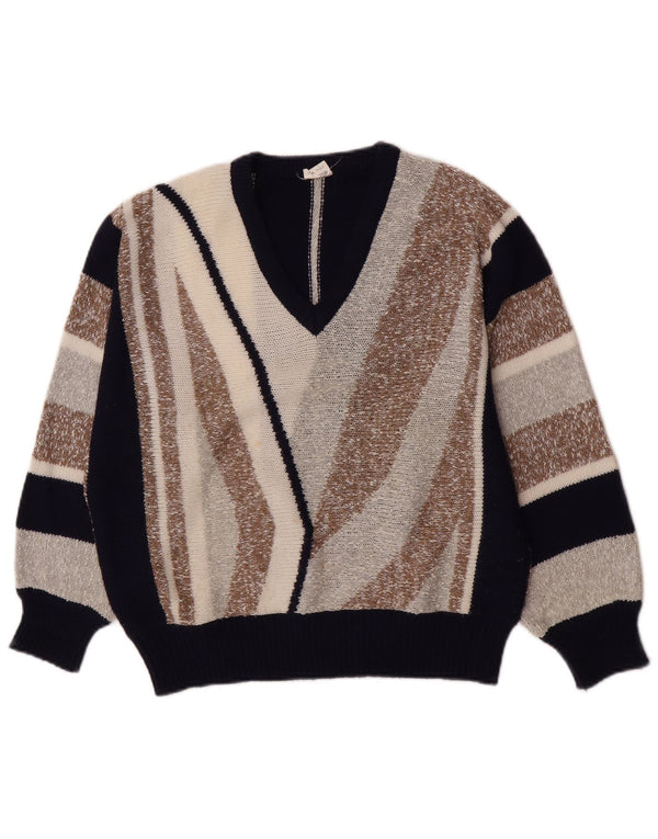 Maglione vintage da donna con scollo a V IT 44 Blocco colore blu navy medio