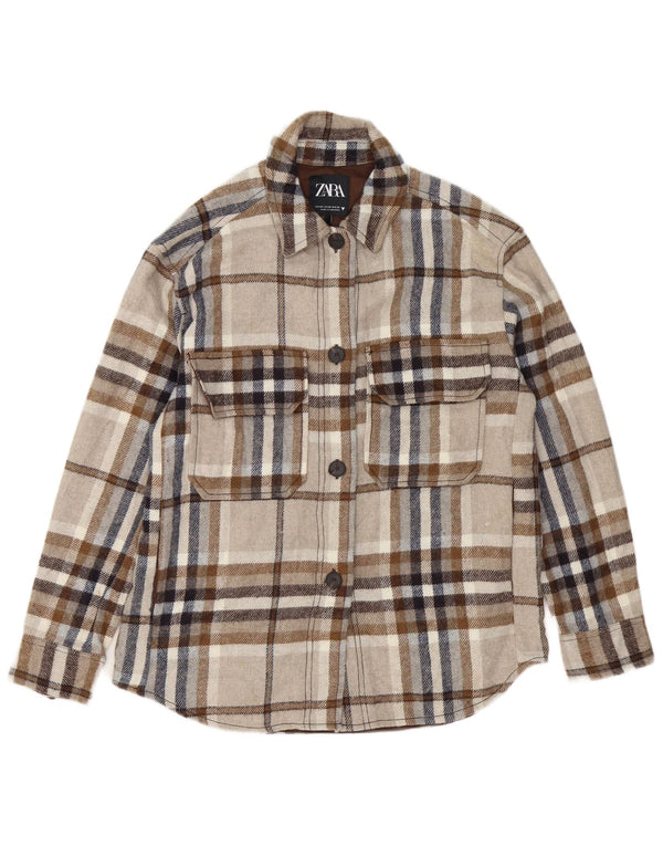Camicia in flanella oversize da boscaiolo da donna Zara UK 6 XS a quadri grigi
