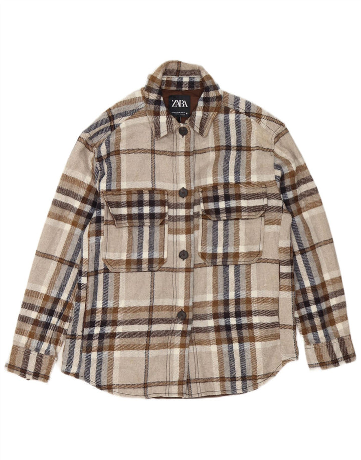 Camicia in flanella oversize da boscaiolo da donna Zara UK 6 XS a quadri grigi