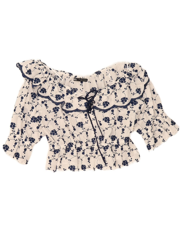 Top Zara da donna con spalle scoperte, camicetta corta UK 14, cotone floreale bianco grande
