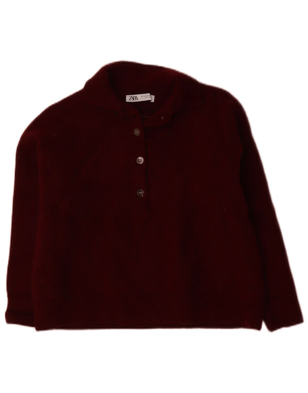ZARA Donna Maglione Corto Oversize con Collo a Polo da Donna UK 6 XS Bordeaux Lana