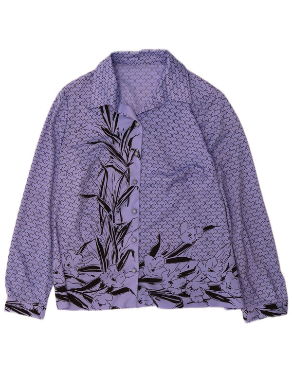 Camicetta grafica da donna vintage UK 14 Grande poliestere floreale viola