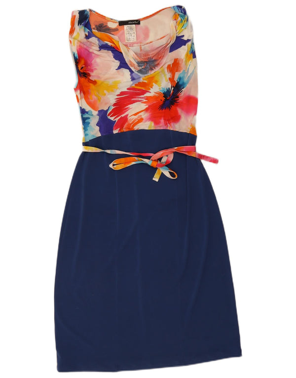 Abito tubino senza maniche vintage da donna UK 10 piccolo viscosa floreale blu navy