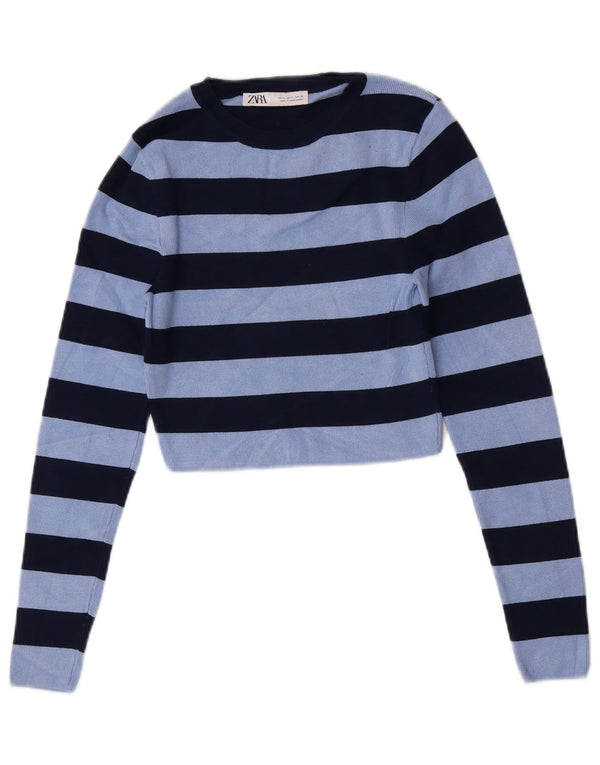 Top corto da donna Zara in camicetta UK 12 Viscosa a righe blu medio