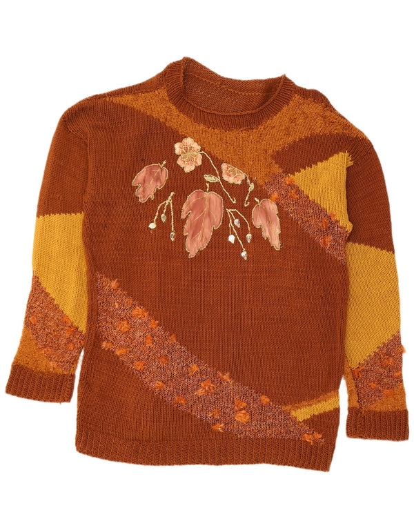Maglione maglione girocollo da donna vintage UK 16 grande floreale marrone