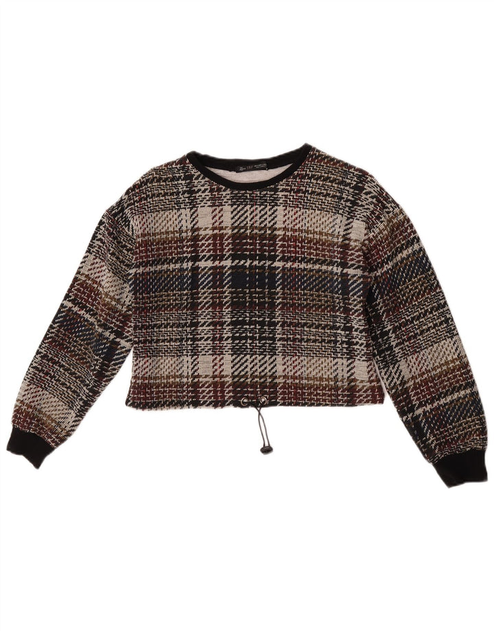 Top corto a maniche lunghe Zara Trafaluc da donna UK 10 piccolo quadretto multicolore