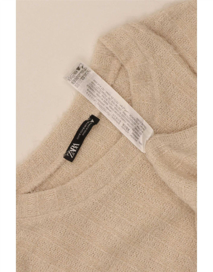 Maglione maglione girocollo da donna Zara UK 10 piccolo poliestere a righe beige