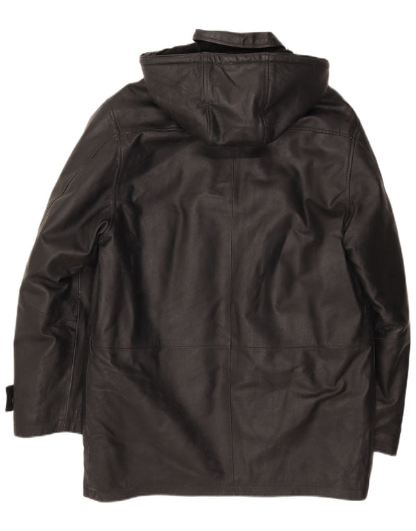 Giacca in pelle vintage da uomo con cappuccio IT 50 grande in pelle nera