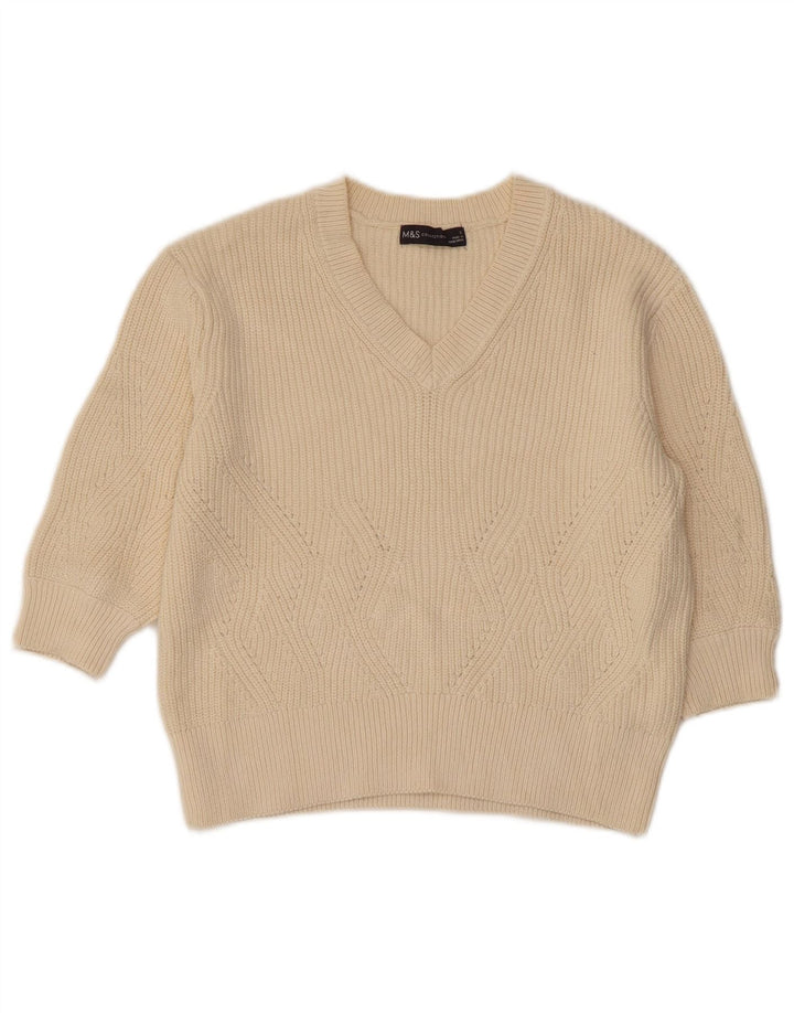 MARKS & SPENCER Maglione corto con scollo a V da donna UK 10 Piccolo Beige