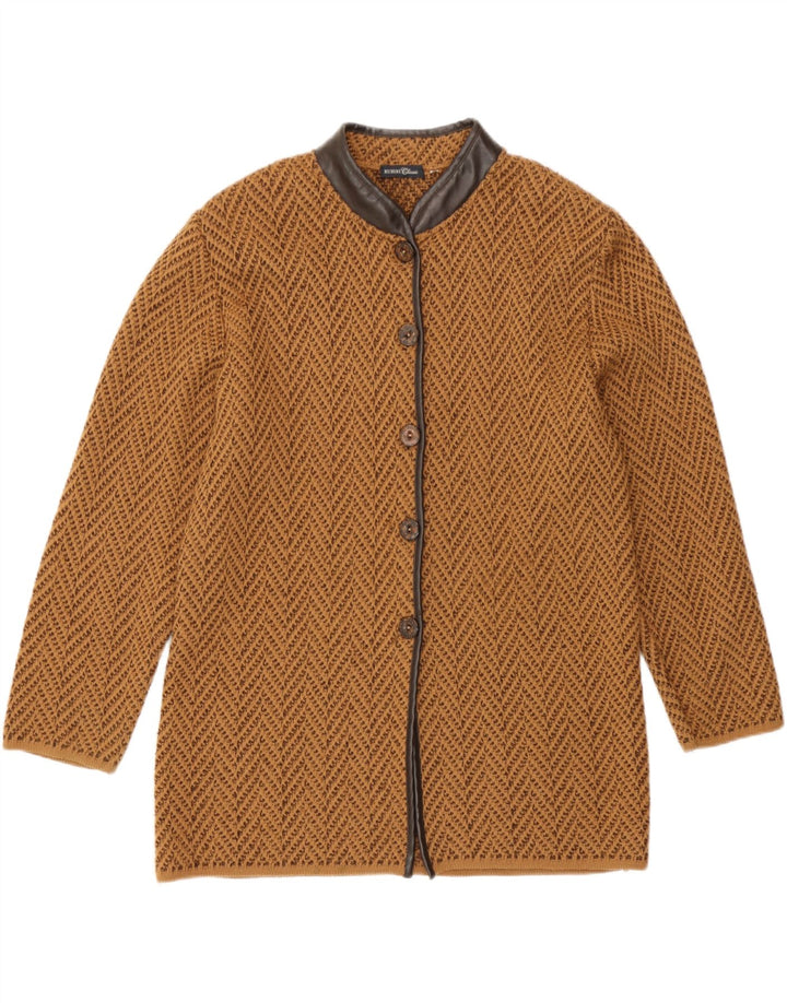 Maglione cardigan da donna vintage UK 14 lana Chevron marrone medio