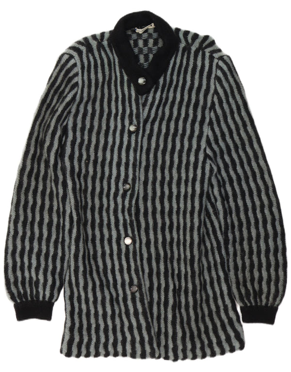 Maglione cardigan lungo da donna VINTAGE UK 14 medio a righe nere