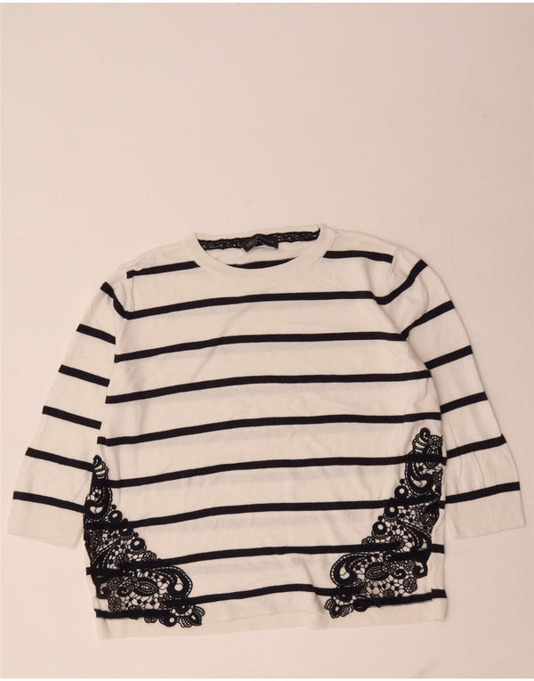 Marks & Spencer Womens Crew Neck Jumper Sweater UK 14 Medium White Striped