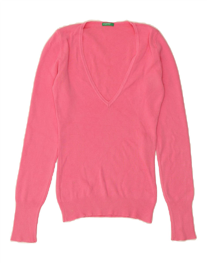 BENETTON Womens V-Neck Jumper Sweater UK 12 Medium Pink Cotton Vintage Benetton and Second-Hand Benetton from Messina Hembry 