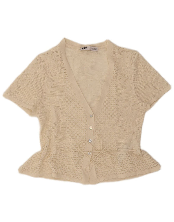 Camicetta a maniche corte all'uncinetto da donna Zara UK 14 grande bianco sporco