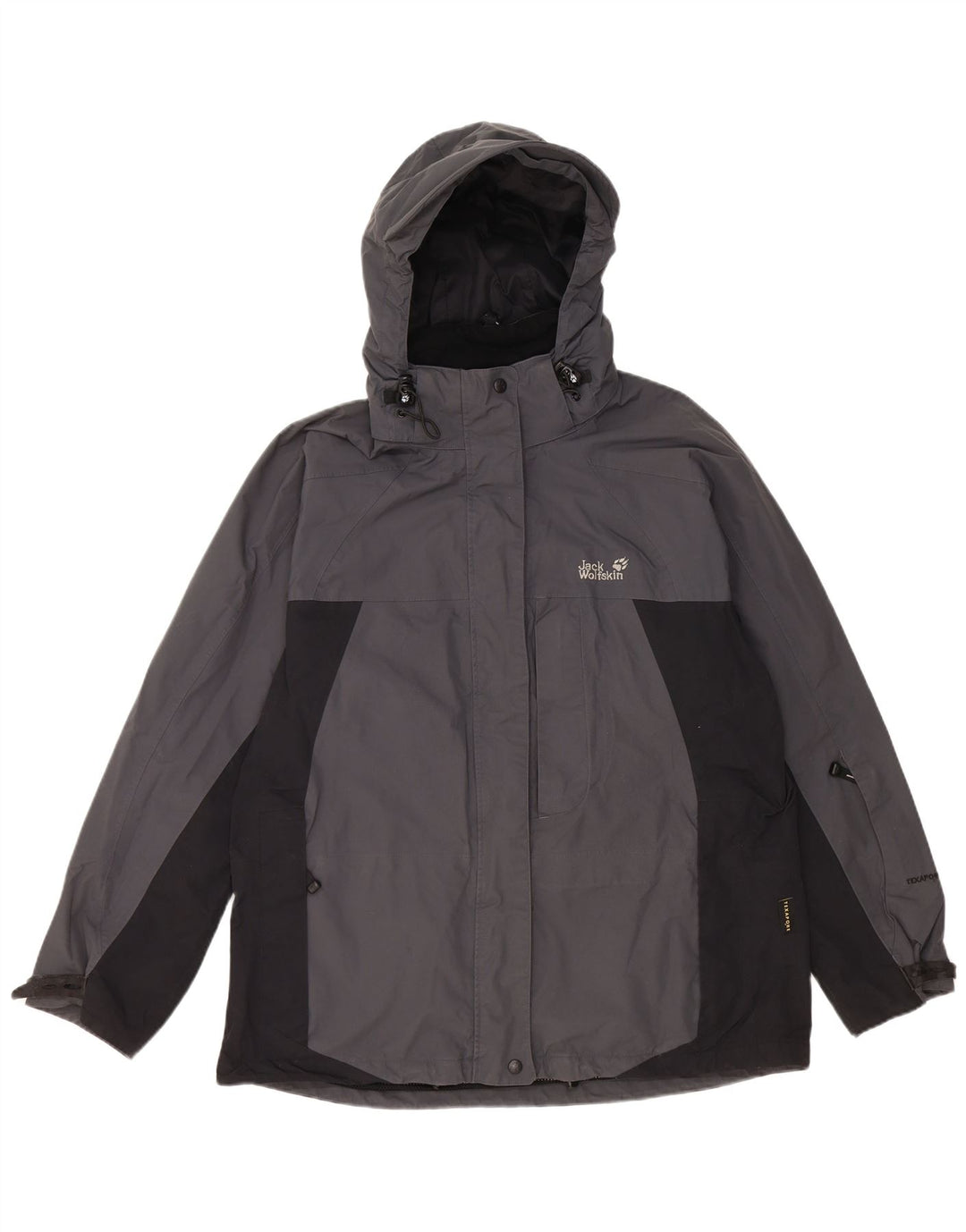 JACK WOLFSKIN Giacca antipioggia con cappuccio da donna UK 14/16 Large Grigio Colourblock