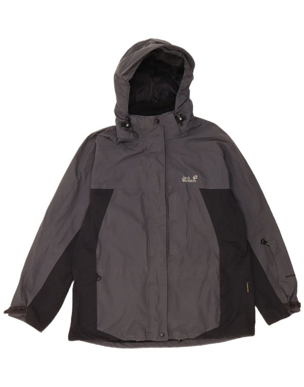 JACK WOLFSKIN Giacca antipioggia con cappuccio da donna UK 14/16 Large Grigio Colourblock
