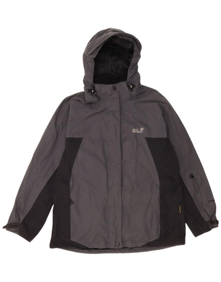 JACK WOLFSKIN Giacca antipioggia con cappuccio da donna UK 14/16 Large Grigio Colourblock