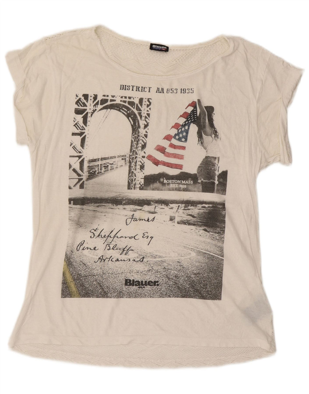 Blauer T-shirt grafica oversize da donna Top UK 10 Small Cotone bianco sporco