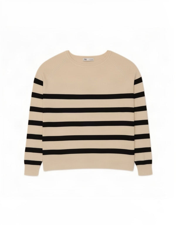 Zara Womens Boat Neck Jumper Sweater UK 18 XL Off White Striped Viscose