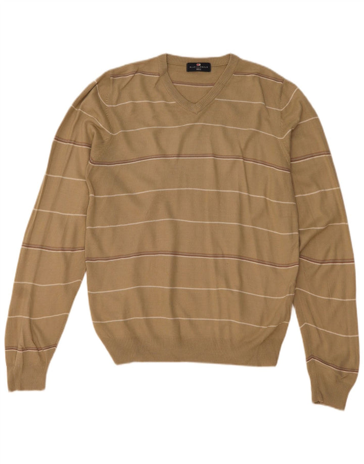 Maglione da uomo Marks & Spencer con scollo a V blu Harbour, a righe piccole beige