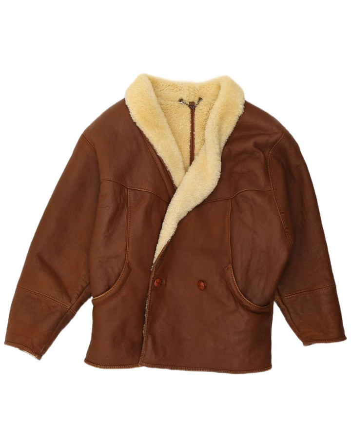 Giubbotto in shearling vintage da uomo dal taglio ampio IT 46 piccolo in pelle marrone