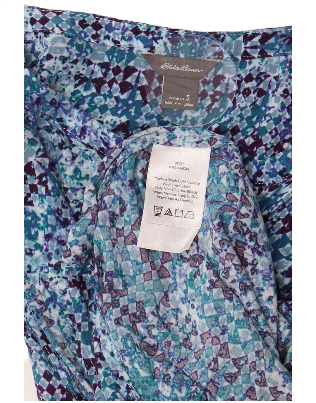 EDDIE BAUER Camicia senza maniche da donna Camicetta UK 10 Piccola blu geometrica