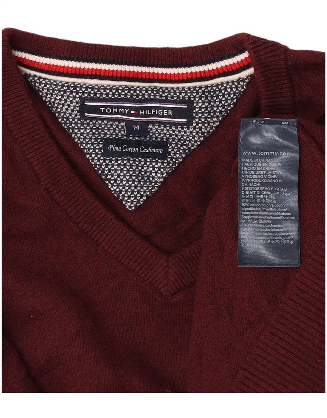 Maglione da uomo con scollo a V Tommy Hilfiger in cotone bordeaux medio