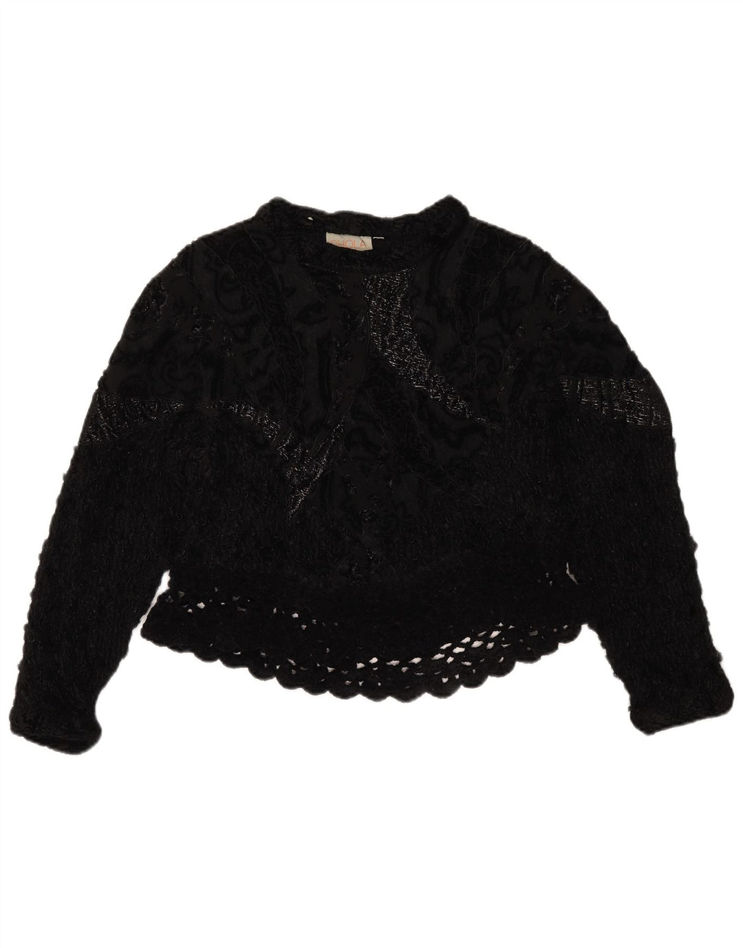 Top corto vintage da donna all'uncinetto UK 14 medio nero