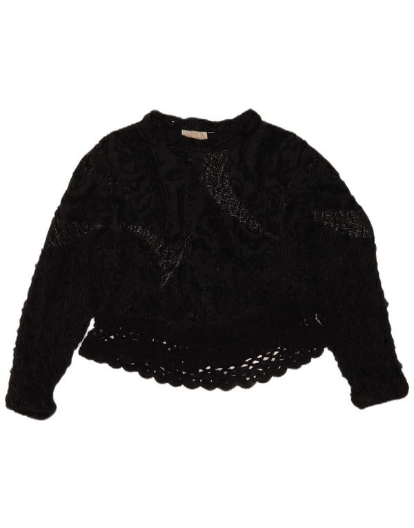 Top corto vintage da donna all'uncinetto UK 14 medio nero