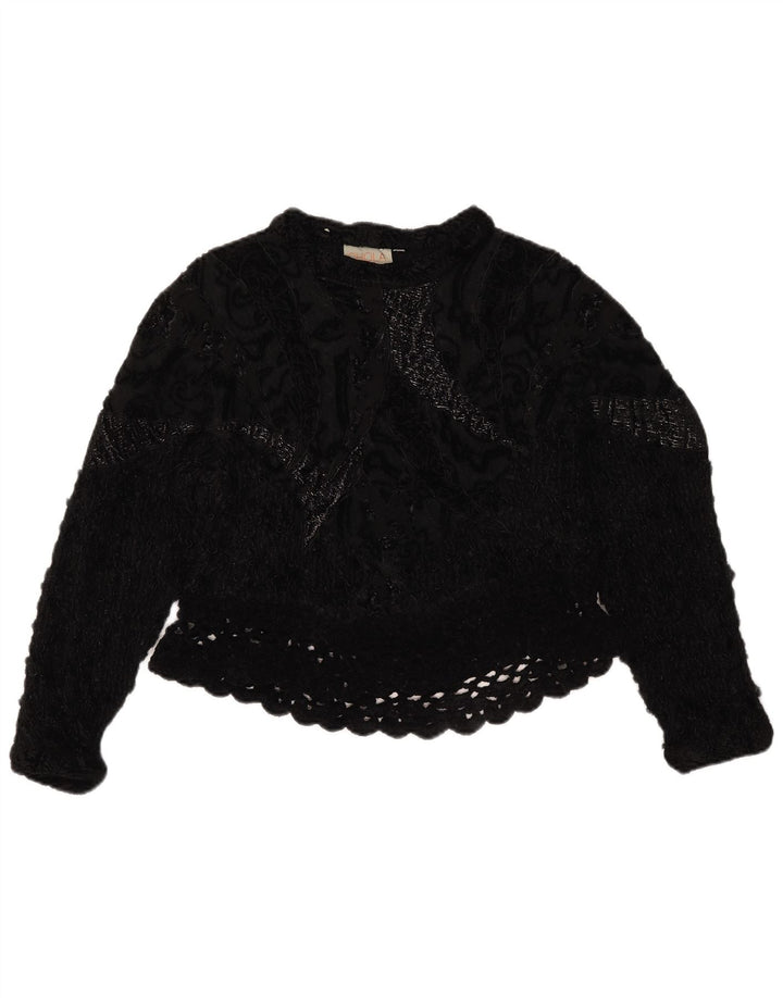Top corto vintage da donna all'uncinetto UK 14 medio nero
