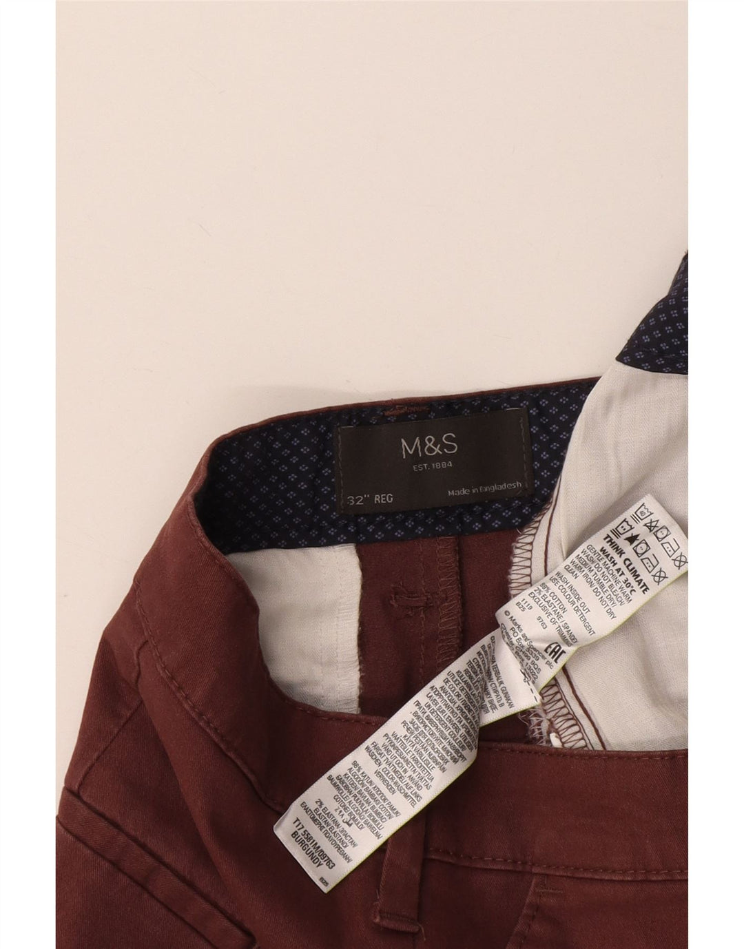 Pantaloncini chino da uomo Marks & Spencer W32 cotone bordeaux medio