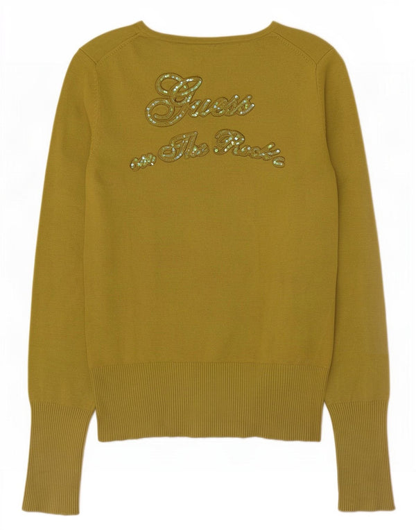 Maglione da donna con scollo a V grafico Guess UK 16 Viscosa verde medio