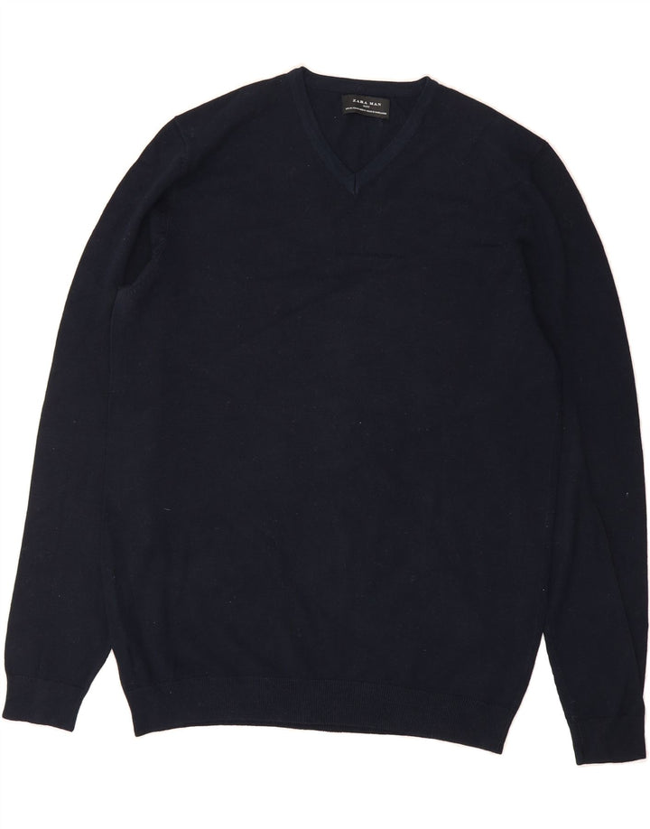 ZARA Mens V-Neck Jumper Sweater Medium Navy Blue Viscose Vintage Zara and Second-Hand Zara from Messina Hembry 
