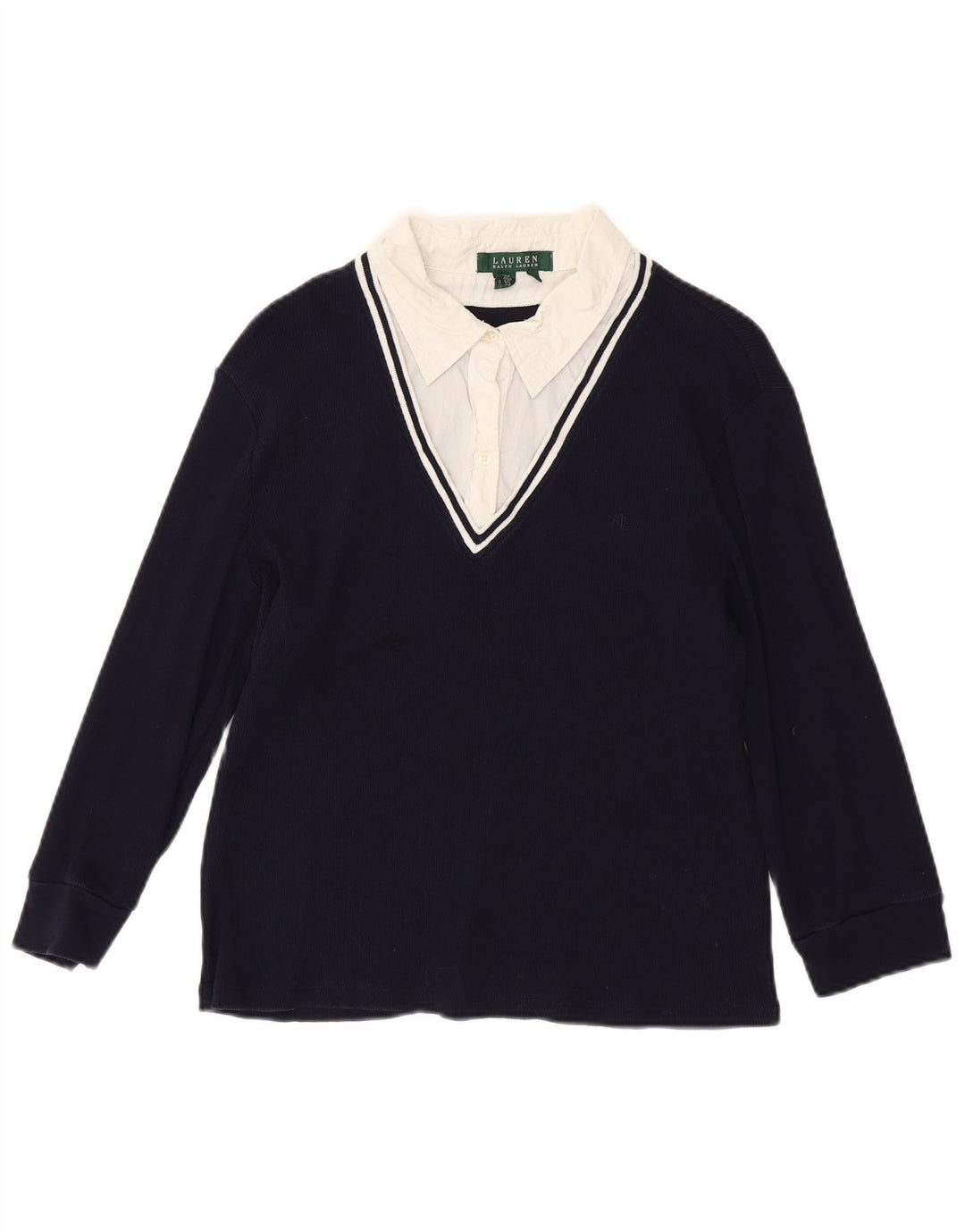 RALPH LAUREN Top da donna manica 3/4 UK 18 XL Blu navy in cotone color block