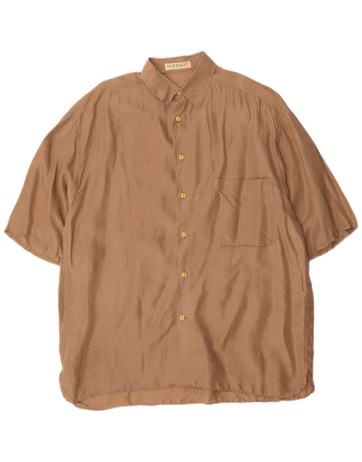 Camicia vintage da uomo a maniche corte grande in seta marrone