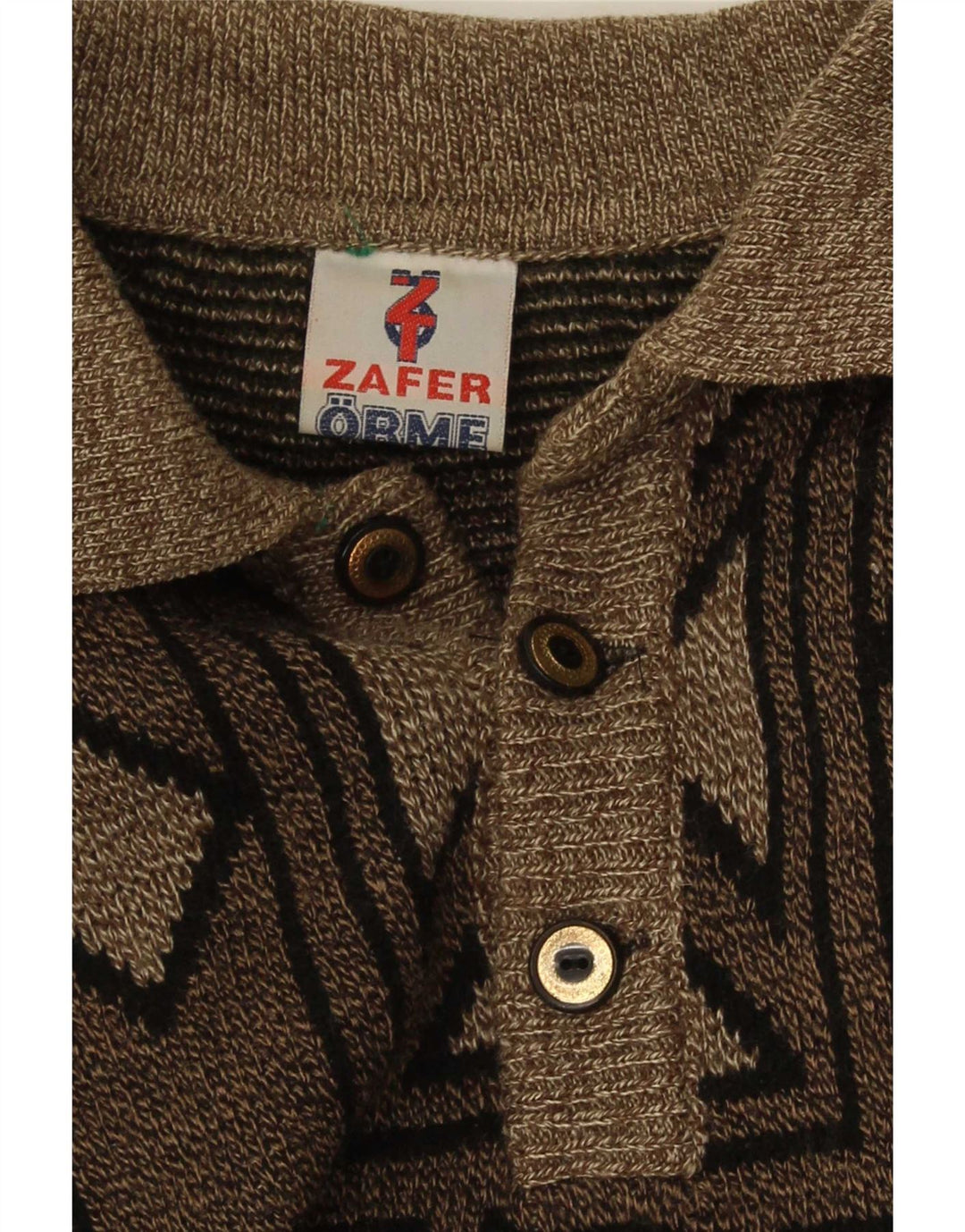 Maglione vintage da uomo con collo a polo marrone medio geometrico
