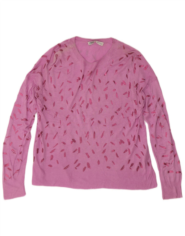 Maglione Zara da donna con scollo a barca e motivo astratto, taglia UK 10, piccolo rosa