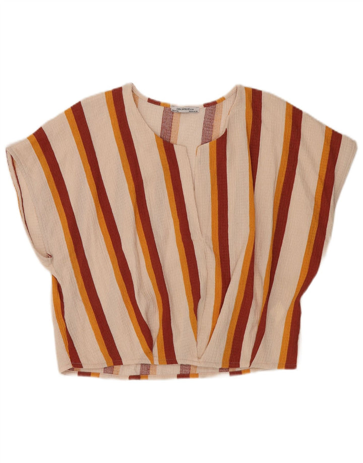 Zara Trafaluc camicetta da donna Top UK 14 grande poliestere a righe bianco sporco