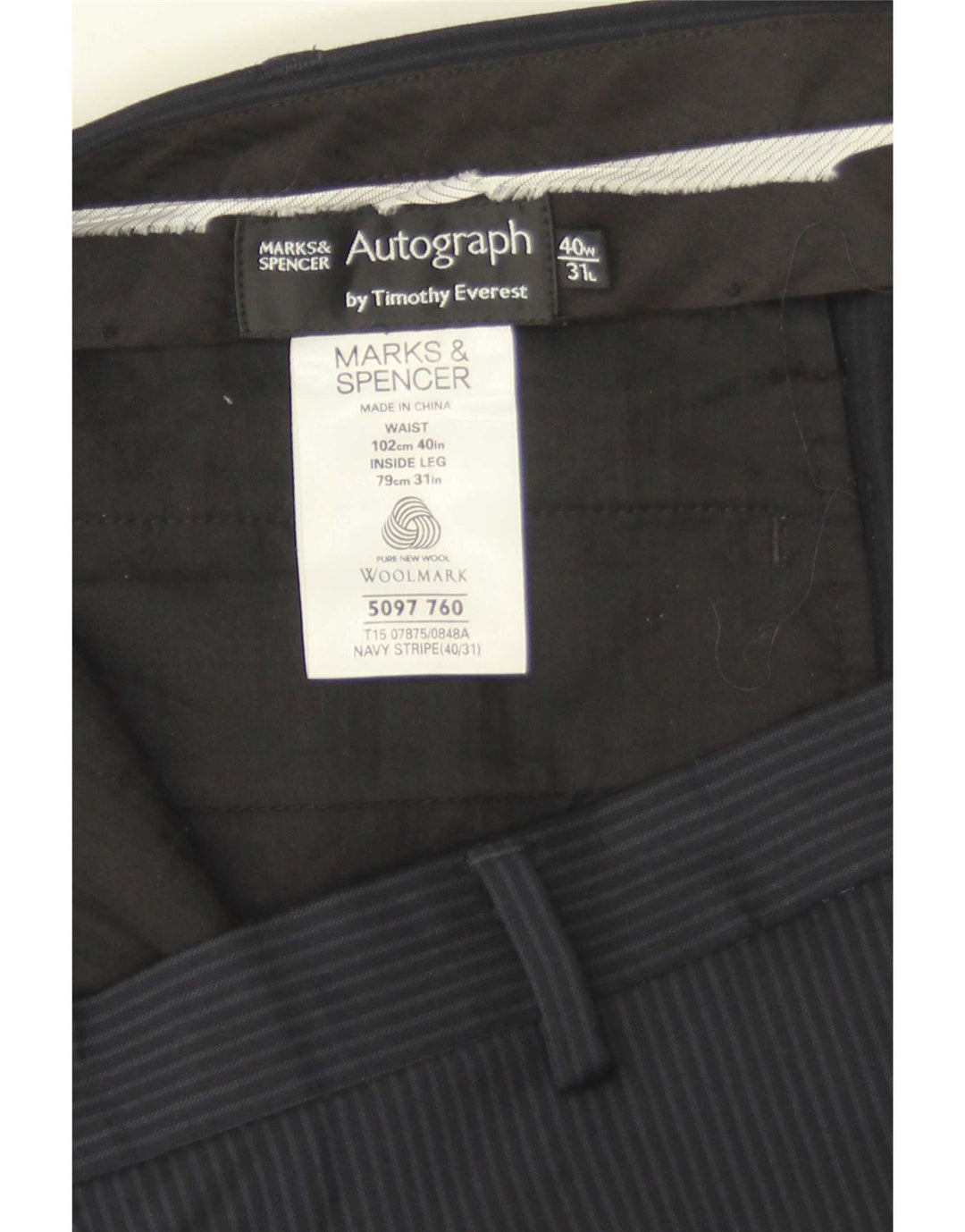 Pantaloni da completo da uomo Marks & Spencer Autograph W40 L31 blu navy a righe