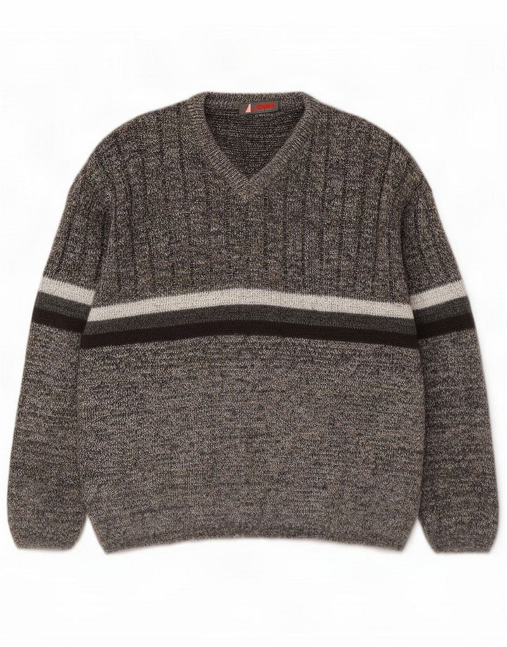 Maglione vintage da uomo con scollo a V in lana a righe grigio medio