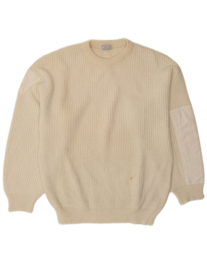 Maglione girocollo da uomo vintage in lana color block beige grande