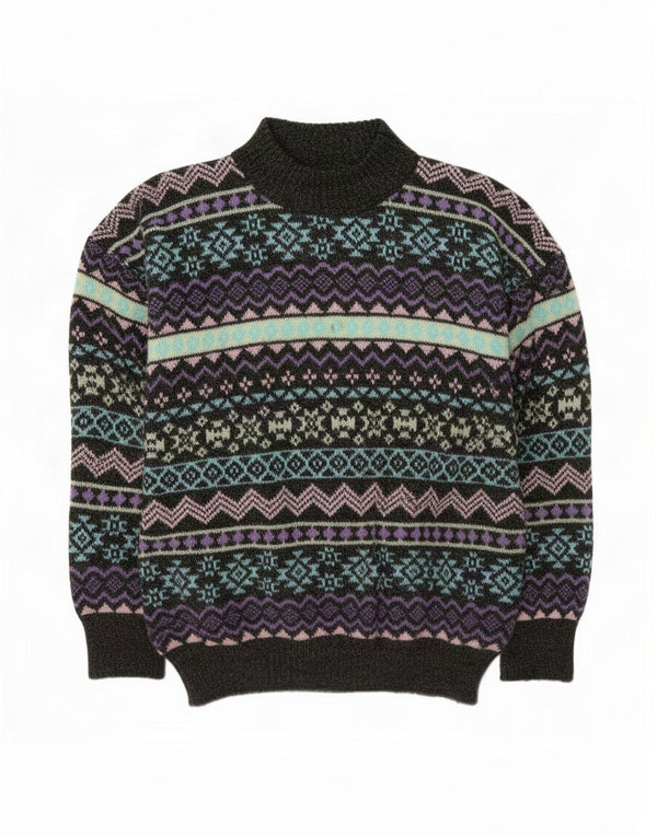 Maglione maglione collo alto da donna vintage UK 14 Grigio medio Fair Isle